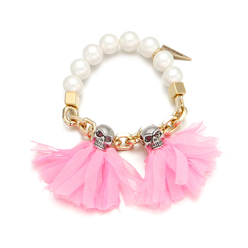 Pearl Mix Chain Chiffon Tassel Skull Bracelet neon pink
